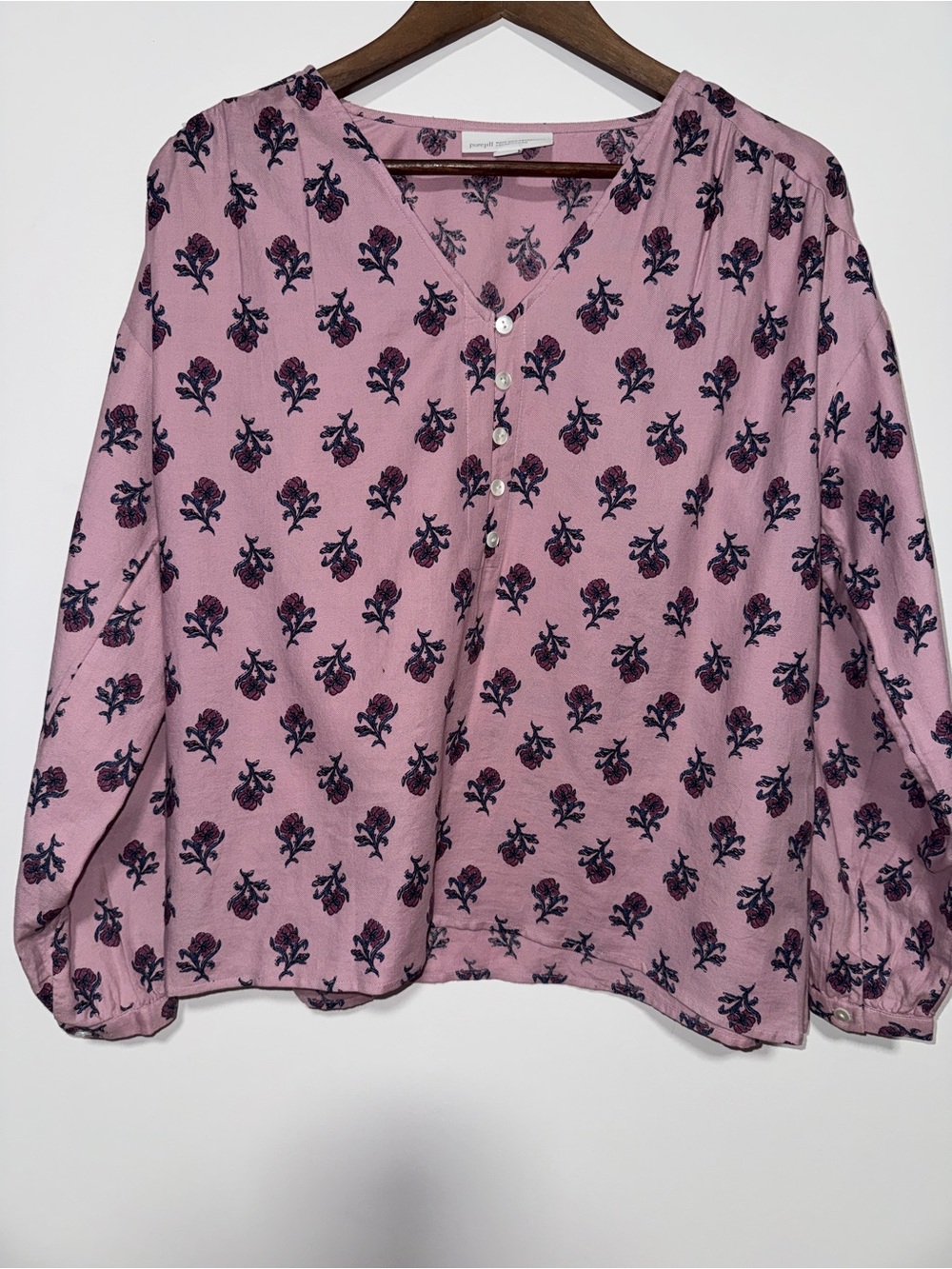 Pure Jill J.Jill Floral V Neck Blouse Purple Pink Organic Cotton Long Sleeve S